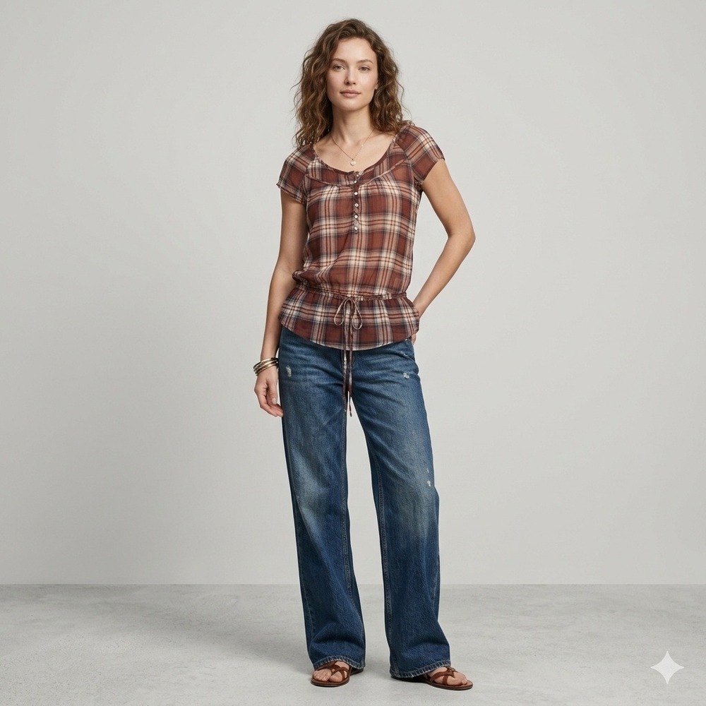 Abercrombie‎ & Fitch Brown Plaid Peplum Henley Blouse Sheer XL Short Sleeve Y2K